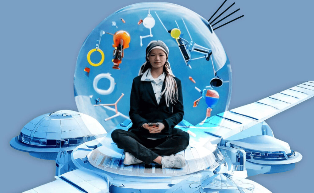 AI-generated image. Woman in glass sphere on spaceship.