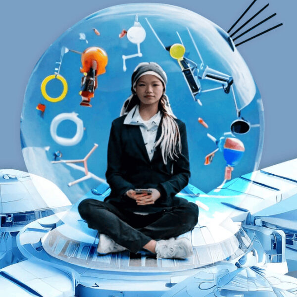 AI-generated image. Woman in glass sphere on spaceship.