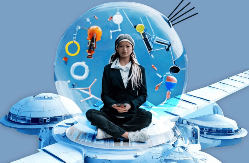 AI-generated image. Woman in glass sphere on spaceship.