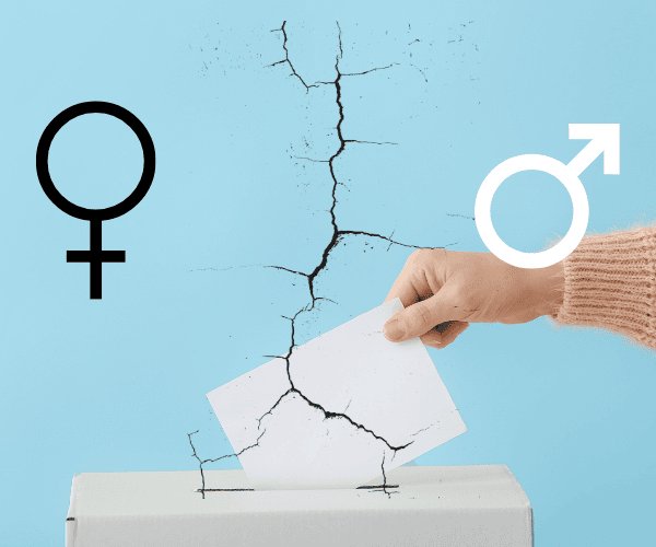 It shows a ballot box into which a person is placing their vote. A crack runs through the image, dividing it into two halves: on the left is the male gender symbol and on the right is the female gender symbol.
