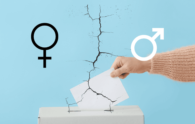 It shows a ballot box into which a person is placing their vote. A crack runs through the image, dividing it into two halves: on the left is the male gender symbol and on the right is the female gender symbol.